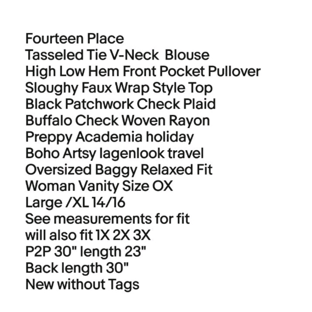 Fourteen Place Tasseled Tie Wrap Shirt Woman XL Black Patchwork Plaid Preppy New - Picture 6 of 13